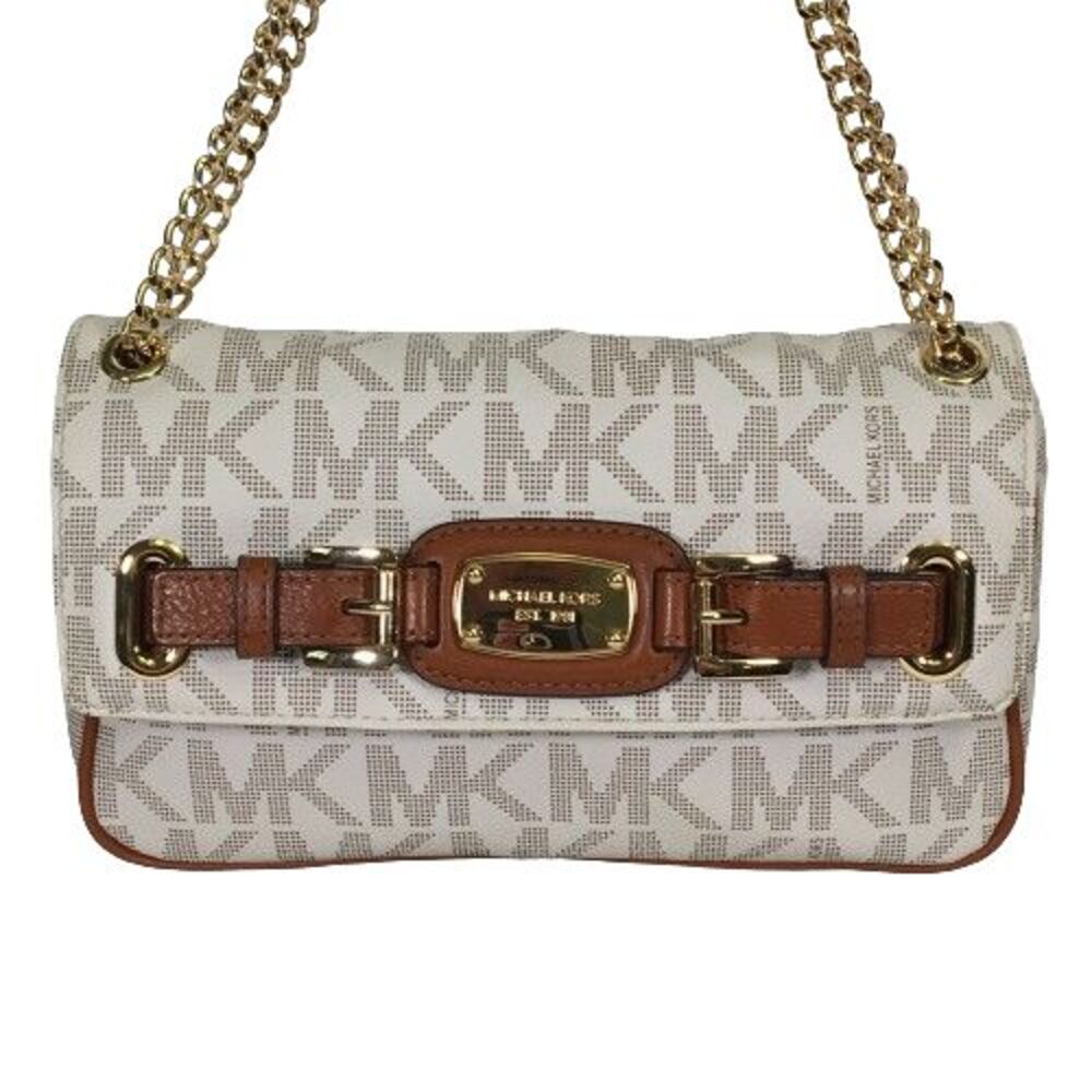 Michael Kors Hamilton Flap Vanilla Monogram Tan Leather Gold Chain Shoulder Bag